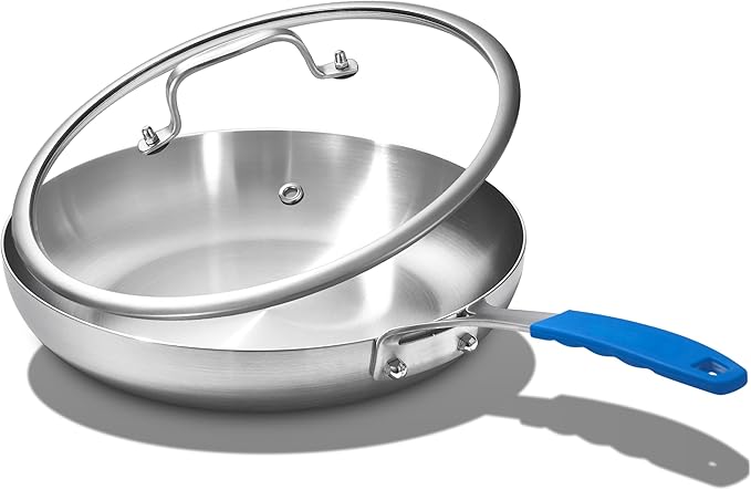 Inqibee 8.5 Inch Tri-Ply Stainless Steel Frying Pan with Lid,Skillet,Induction Cooking Pan,Dishwasher Safe and Detachable Handle