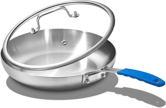 Inqibee 8.5 Inch Tri-Ply Stainless Steel Frying Pan with Lid,Skillet,Induction Cooking Pan,Dishwasher Safe and Detachable Handle