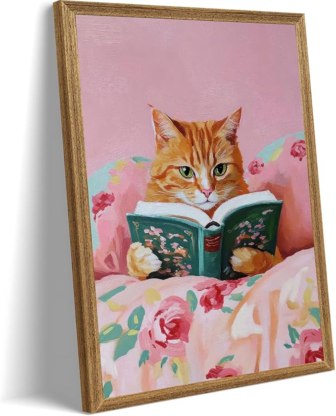Framed Vintage Cat Canvas Wall Art, Funny Pink Animal Reading Books Painting Picture Print, Cute Kitten Lovers Aesthetic Wall Decor for Nursery Girls Room Bedroom Kids Room 24''L x 16''W