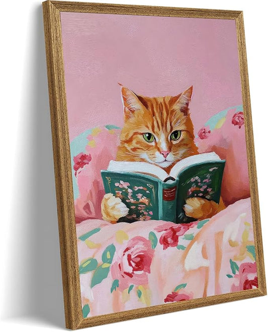 Framed Vintage Cat Canvas Wall Art, Funny Pink Animal Reading Books Painting Picture Print, Cute Kitten Lovers Aesthetic Wall Decor for Nursery Girls Room Bedroom Kids Room 24''L x 16''W