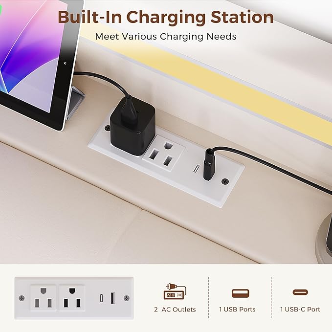 Queen LED Velvet Bed Frame with 2 Storage Drawers&Hidden Headboard, Upholstered Platform Bed with Charging Station&Button Tufted Design, Wooden Slats Support, Box Spring Optional, Easy Assembly, Beige