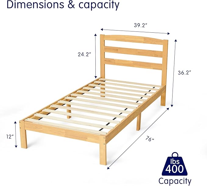 Hokway Wood Twin Bed Frames with Headboard-No Wobble,Noise-Free,Easy Assembly with Precise Holes,12 in Reinforced Center Legs,No Box Spring Needed,Natural