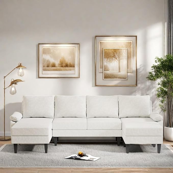 FONTOI 115 Inch U Shaped Sectional Couch with Chaise, 5-Seat Sofa with Moveable Ottoman, Modern Modular Sofa for Living Room, Apartment, Off-White