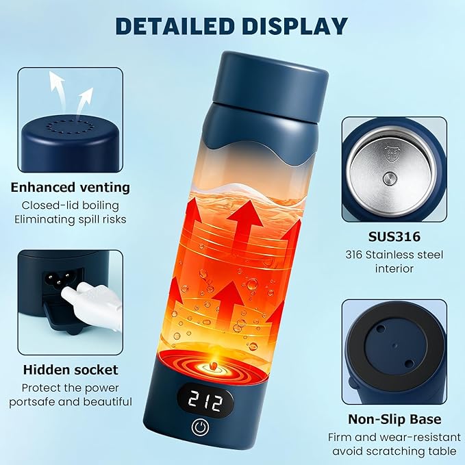 Travel Electric Kettle Portable Mini Kettle, 316 Stainless Steel 16.91Oz/500mL, Small Hot Water Boiler with 4 Temperature,Fast Boiling water with Auto Shut-Off and Boil Dry Protection Blue