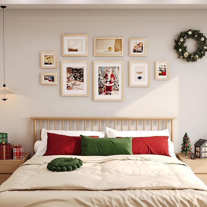 KINLINK 9x12 Picture Frames Natural, Solid Wood Frames with Acrylic Plexiglass for Pictures 5x7/6x8 with Mat or 9x12 without Mat, Tabletop and Wall Mounting Display, Set of 4