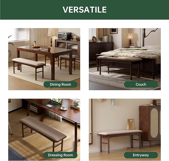 47.2'' Leather Upholstered Dining Bench with 100% Solid Oak Wood Bench Frame, Padded Bed End Bench Ottoman for Kitchen Living Room Bedroom Entryway, Champagne