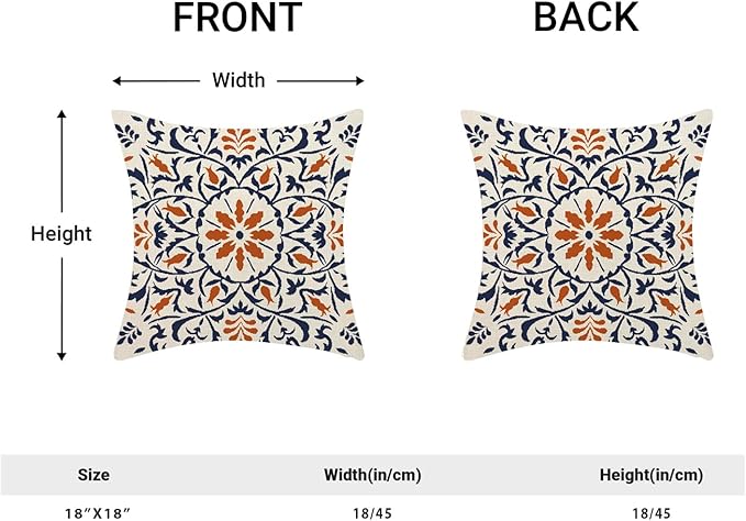 Navy Blue Orange Boho Pillow Covers 18x18 Set of 2, Bohemian Ethnic Carpet Pattern Design Decorative Throw Pillows Linen Blue Print Farmhouse Cushion Pillow Covers for Sofa Couch Outdoor Decor