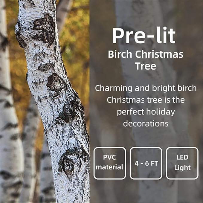 Lighted Birch Trees, 4FT 5FT 6FT(48 56 96LED) Pre-lit Birch Tree with Warm White, Artificial Birch Tree Outdoor/Indoor Christmas Easter Tree for Wedding Party Christmas Decoration -3PC