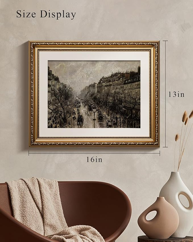 VIYYIEA Gold Framed Wall Art Canvas Print Home Decor for Living Room Classical Cityscape Artwork Wall Decorations Vintage Canvas Prints Parisian Street Bathroom Farmhouse Wall Pictures Office 13x16in