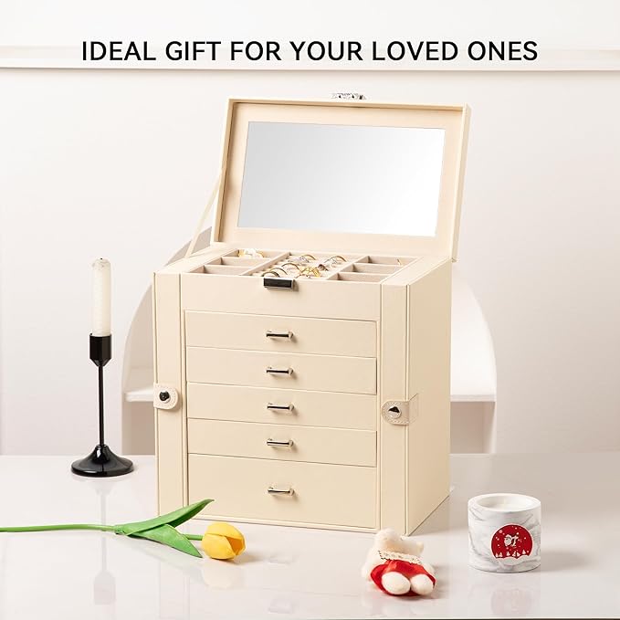 Frebeauty Large Jewelry Box,6-Tier PU Leather Jewelry Organizer,Multi-functional Storage Case with Mirror,Accessories Holder with 5 Drawers for Necklace Bracelets Watches(Beige)