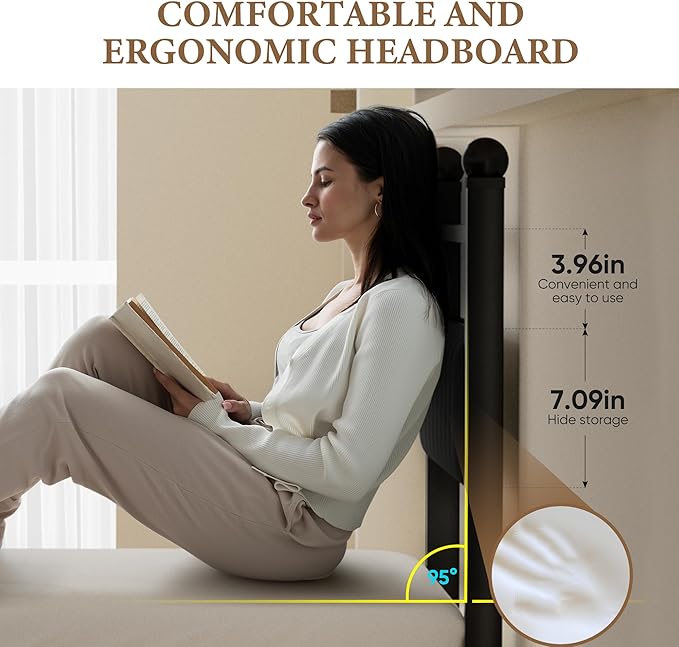 Twin Bed Frames with LED Lights & Charging Station - Metal Platform Bed Frame with Under Bed Storage - Heavy Duty Steel Slats/Upholstered Headboard/Noise-Free/No Box Spring Needed/Easy Assembly/Black