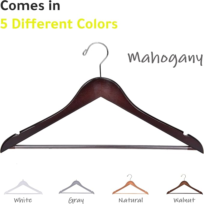 Quality Wooden Hangers - Slightly Curved, 20 Pack Sets - Mahogany Color Wood Coat Hangers with Chrome Hooks - Heavy-Duty for Clothes, Jackets, Shirts, Pants, Suits