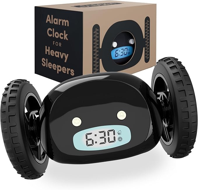 CLOCKY Extra Loud Alarm Clock for Heavy Sleepers on Wheels Rolls Runaway Vibrating Easy To Set Super Smart Snooze Digital Bed Shaker Alarm Clock Funny Gift for Adults Kids Teens Bedroom (Black Wheels)