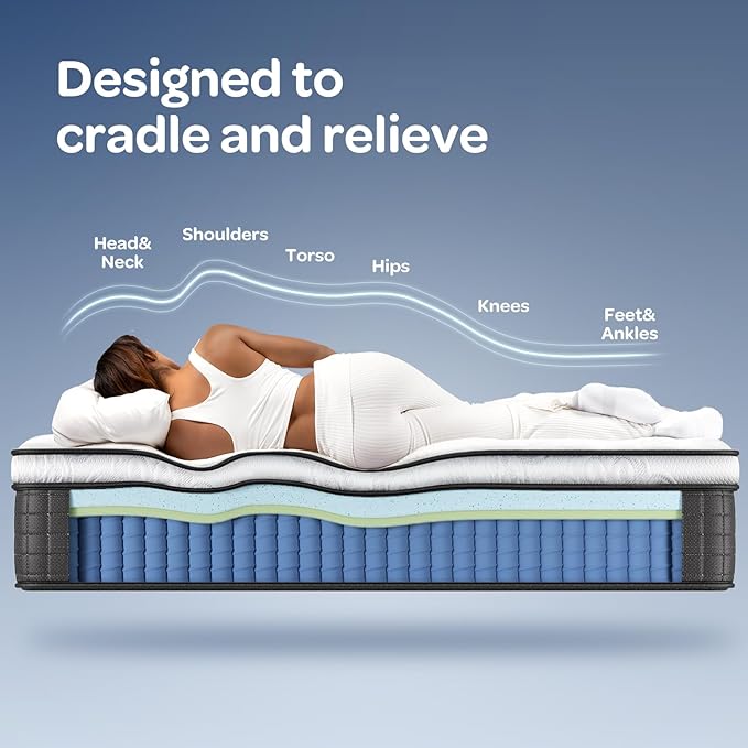 OhGeni 10 Inch Cooling Queen Size Mattress, Hybrid Gel-Infused Memory Foam Bed Mattresses in a Box, Medium Feel Cool Top Fabric, Individual Pocket Innerspring, 3-Zone Design & Reinforced Edge Support