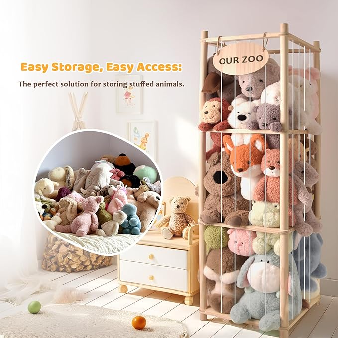 Stuffed Animal Storage Organizer - Thick Wooden Toy Zoo for Playroom & Bedroom, Large Plushies Holder with Cute Jail Cage Design, Plush Toy Display Tower Shelf (Large)