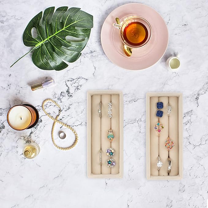 DesignSter Small Jewelry Tray, 2PCS Ring Organizer, Velvet Jewelry Display Tray, Stackable Jewelry Organizer Trays, Jewelry Drawer Organizer Inserts For Dresser, Jewelry Box (Beige)