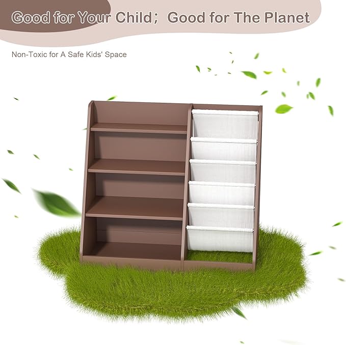 Kids Bookshelf Toy Storage Organizer 4-Tier Wood Book Rack Toddler Bookcase Baby Book Toy Display Shelf 5 Sling Bookshelf for Playroom Bedroom Nursery Classroom Church Espresso