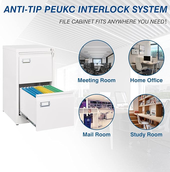 2-Drawer File Cabinet, 16.3" Deep Vertical Filing Cabinet with Lock, Metal File Cabinet for Home Office, Anti-Tip 2 Storage Drawers for Letter/Legal/A4/F4 Size (Assemble Required, White)