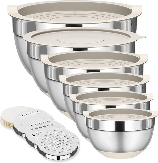 Mixing Bowls with Lids Set, 6 Piece Stainless Steel Nesting Storage Bowls for Kitchen, with 3 Grater Attachments & Non-Slip Bottoms, Size 5.5,3.5,2.5,2.1,1.5,1.1 QT