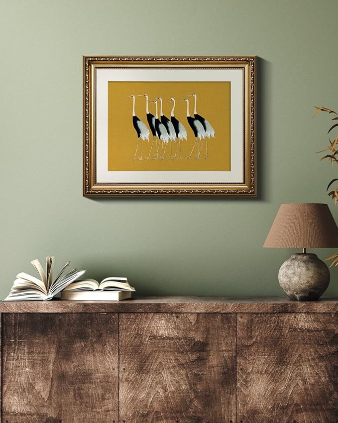 VIYYIEA Gold Framed Wall Art Canvas Print Home Decor, Vintage Cranes Wall Art for Living Room, Vintage Animal Oil Painting Picture, Print Framed Home Decor, Bathroom Wall Decor Seven Cranes 13x16in