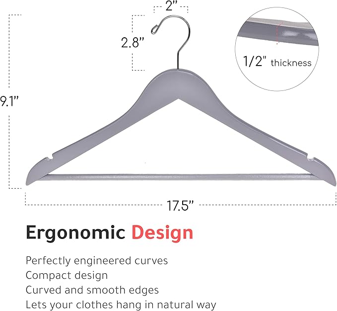 Quality Hangers - Wooden Coat Hangers - Slightly Curved Hanger Set of 20-Pack - Solid Wood with Stylish Chrome Hooks - Heavy-Duty Clothes, Jacket, Shirt, Pants, Suit Hangers (Gray, 20)