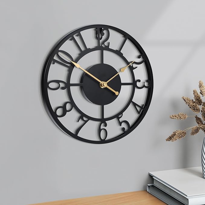 Wall Clock Battery Operated,Silent Non Ticking Modern Rustic Metal Small Clocks for Living Room/Bedroom/Office/Kitchen/Farmhouse Home Decor-10IN(Arabic Number-Black)
