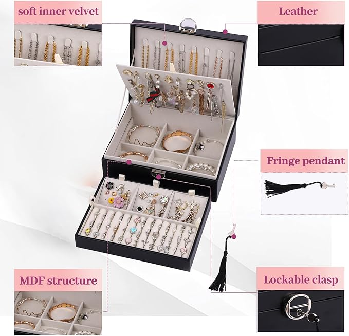 BOOVO Earring Jewelry Box For Women Girl Stud Organizer, 4 Layers Girl Jewelry Organizer Box With Lock Earring Holder Organizer Necklace Ring Jewelry Organizer Box For Girls (Black, 4 layer)