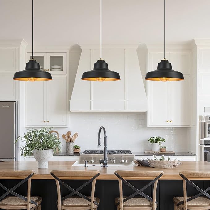 12 Inch Black Pendant Light Fixture,Farmhouse Hanging Lamp Adjustable Height Dome Pendant Lights for Kitchen Island Dining Room,2 Pack