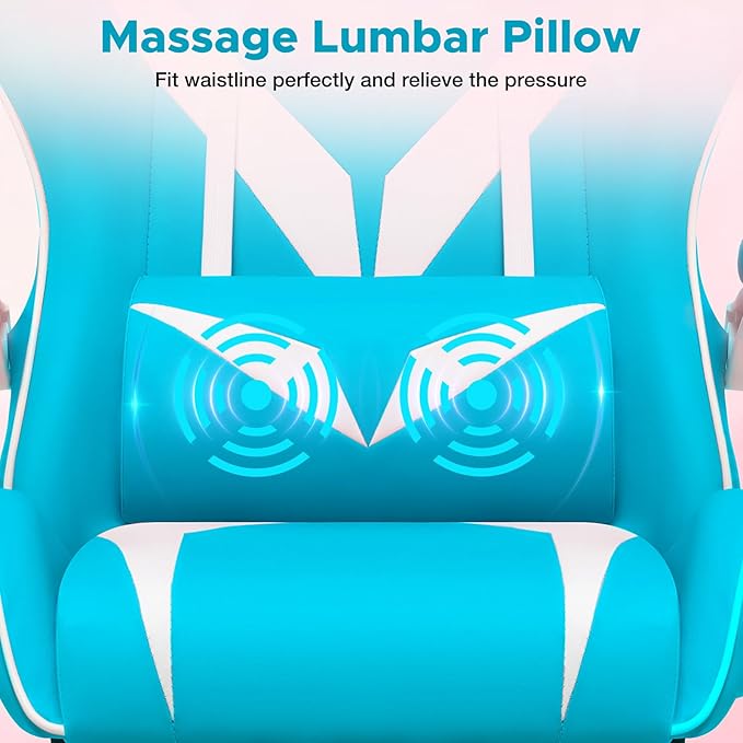 HOFFREE Massage Gaming Chair for Kids Computer Gamer Chair with Footrest and Lumbar Support Reclining PC Game Chair with Headrest for Gaming Room Light Blue and White