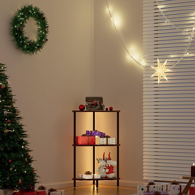 3 Tier Corner Shelf with LED Light,Bookcase for Small Spaces,Display Shelf,Narrow Bookshelf,Plant Stand,Rustic Brown and Black,Suitable for Bedroom,Living Room,Kitchen