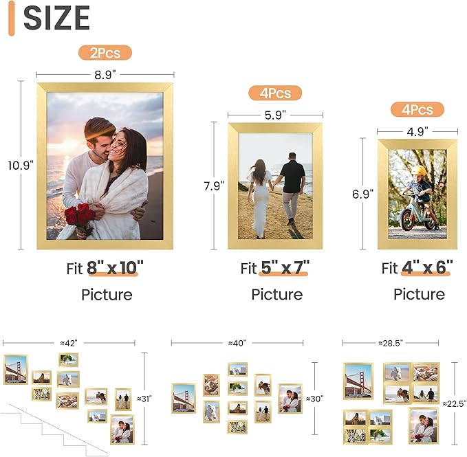 upsimples 10 Pack Picture Frames Collage Wall Decor for Mounting or Tabletop Display, Photo Gallery Frame Set for Family, Multi Sizes Including 8x10, 5x7, 4x6, Gold
