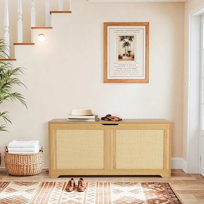 EROMMY Storage Chest, 39.4" Rattan Storage Bench with 2 Safety Hinges, Shoe Bench for Entryway, Bedroom, Living Room, Supports 300 lb