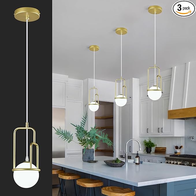 5 Inch Modern Gold Pendant Light Globe Pendant Light Fixture Mid Century Pendant Lighting for Kitchen Island Dining Room Living Room Bedroom(3 Pack)