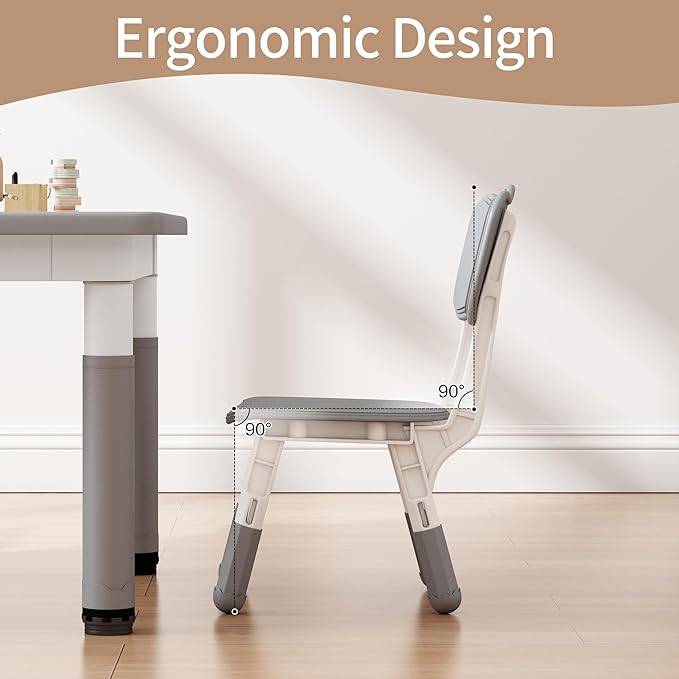 Toddler Table and 2 Chairs, Kids Table and Chair Set Height Adjustable, 31.5''L x 23.6''W Multifunctional Graffiti Desktop for Reading, Drawing, Eating, for Girls & Boys Age 2-10, Grey-02