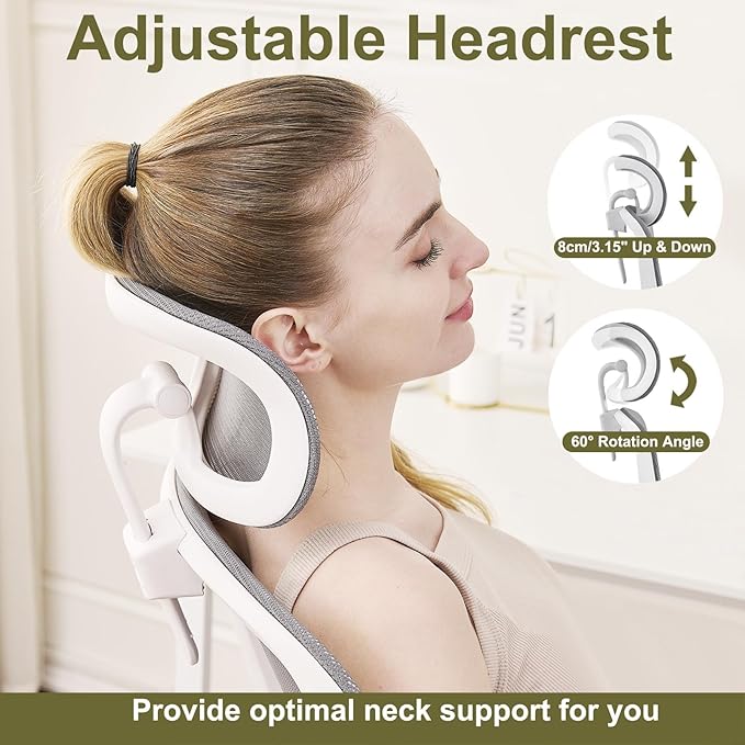 Ergonomic Home Office Chair, High Back Mesh Desk Chair with Adjustable Lumbar Support, Flip-up Armrest, Removable Headrest, Swivel Computer Gaming Chair, Space Saving, 330LBS (White+Grey)