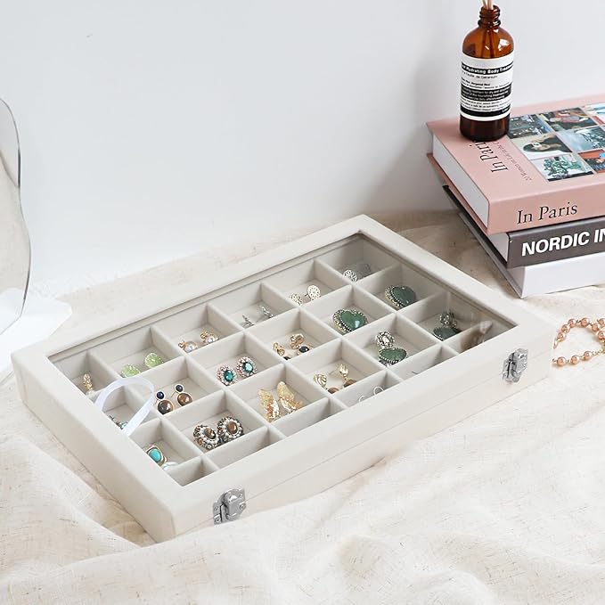 Wudygirl Jewelry Organizer Earring Holder Jewelry Tray with Lid Velvet Jewelry Box Jewelry Display Case Bracelet Earrings Ring Holder for Women Dresser (Beige 24 Grid Jewelry Tray)