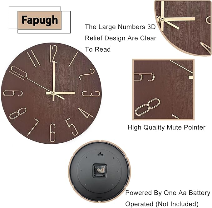 Faupugh 12 inch Silent Wall Clock, Battery Powered Wall Clock Suitable for Home, Office, Kitchen, School, Bedroom, Living Room (Retro Brown)