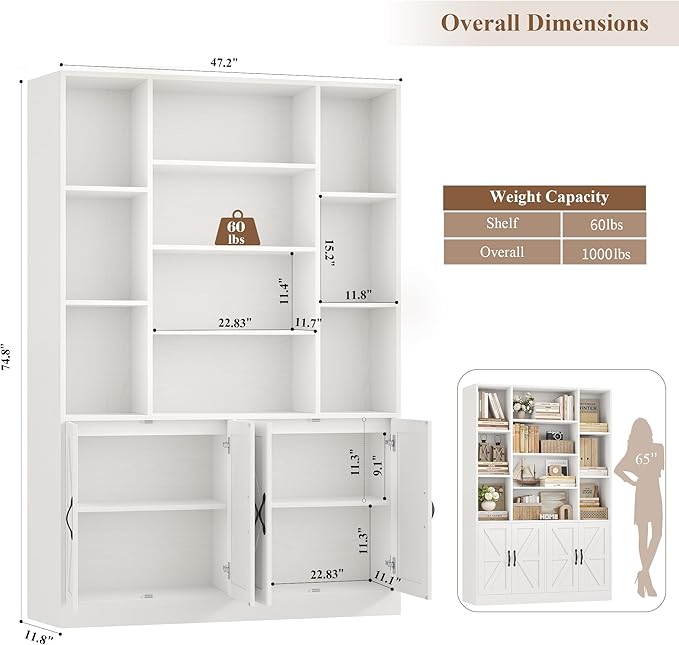 HOSTACK 75” Tall Book Shelf and Bookcase, White Bookshelf with Storage Cabinet, 47” Wide Bookcase with 4 doors, Standing Display Shelves, Modern Farmhouse Book Case for Living Room, Home Office, White