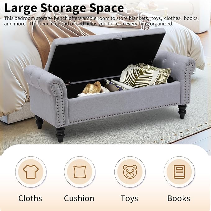 Storage Ottoman Bench with Arms, Linen End of Bed Bench for Bedroom, Button Tufted Storage Bench for Entryway, Living Room,Hallway, Large Storage Bench Foot Rest (New Grey)