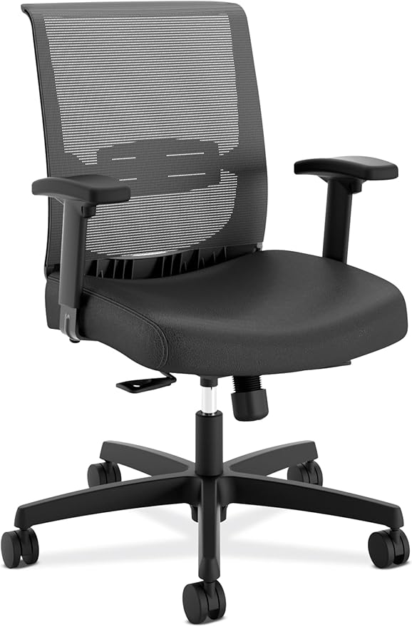 HON Convergence Ergonomic Office Chair, Breathable Back Support Mesh, Adjustable Arms, Computer Seating with Lumbar Support, Swivel Wheels, Synchro-Tilt Recline, Vinyl, Black