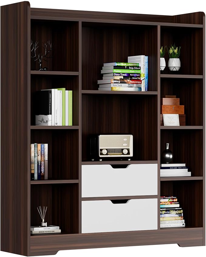 Cozy Castle Kids Bookshelf with Storage, Toy Storage Organizer with 2 Drawers and 10 Cubes 4-Tier Bookcase for Bedroom, Playroom, Hallway, Living Room(Brown & White)