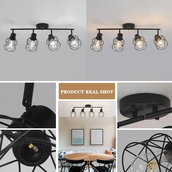 BUXVRCS Adjustable Multi-Directional Black Light Fixtures, Semi Flush Mount Ceiling Light, Kitchen Light Fixtures Ceiling Mount, Geometric Metal Cage Industrial Spotlight Fixtures for Dining Room