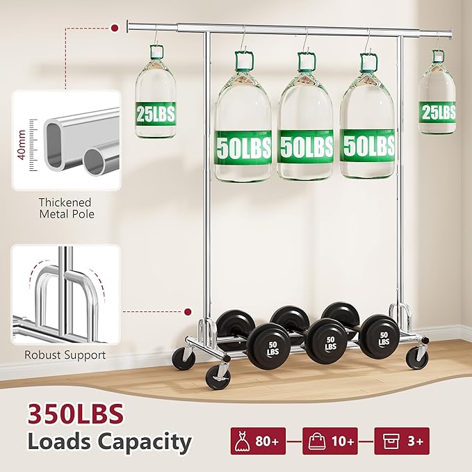 Tajsoon Clothing Rack Heavy Duty Clothes Rack Load 350 LBS, Rolling Clothes Racks for Hanging Clothes with Wheels & Extendable Rod, Collapsible Garment Rack with Bottom Shelf, Commercial, Chrome