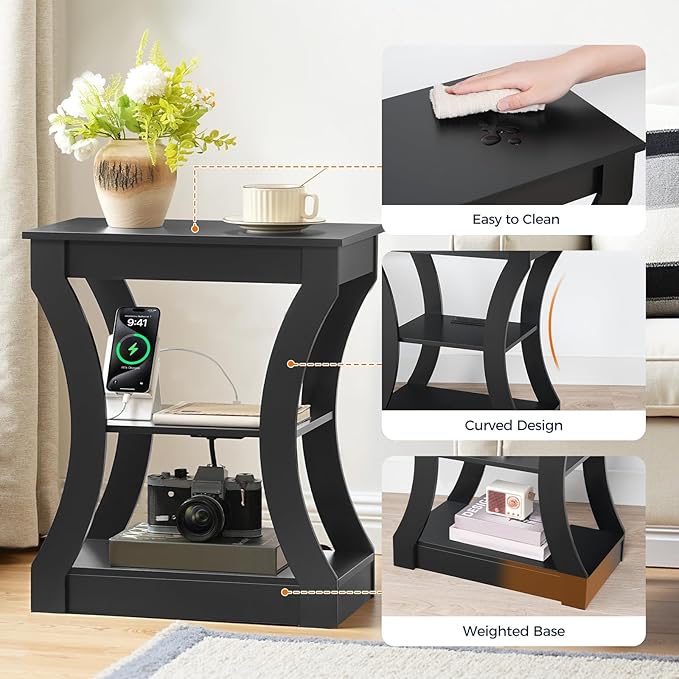 End Table with Charging Station, Set of 2, Side Table with USB Ports and Outlets, 3 Tier Nightstand with Storage Shelf for Small Spaces, Living Room, Bedroom, Black ETBK53E01S2