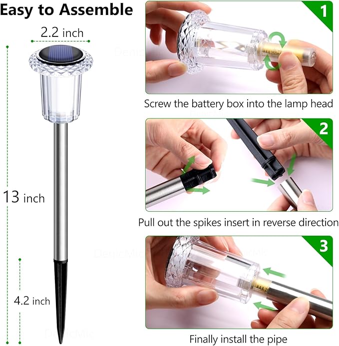 DenicMic Solar Lights Outdoor 15 Pack Waterproof 6000K Cold White LED Stainless Steel Stake for Pathway Yard Garden Driveway Solar Powered Outside Decor