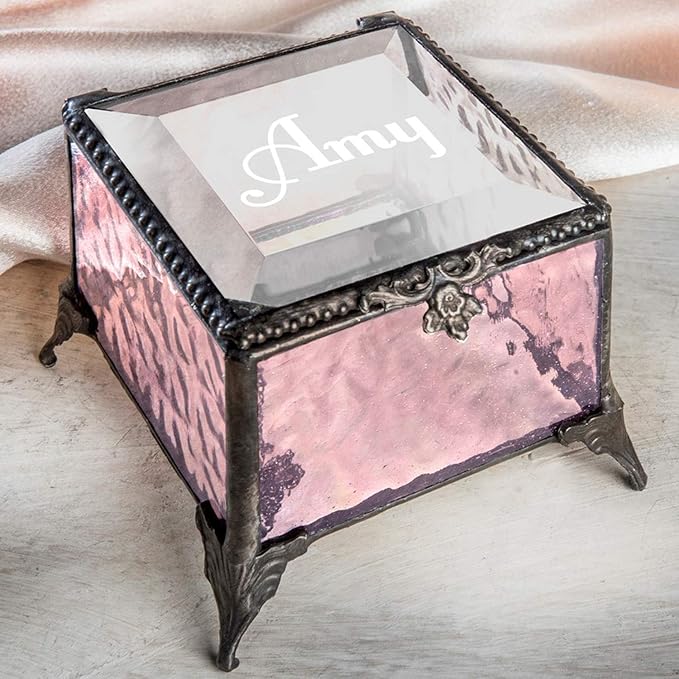 Personalized Engraved Jewelry Box Decorative Vanity Display Stained Glass Keepsake - J Devlin Box 903 EB217-1 (Pink)