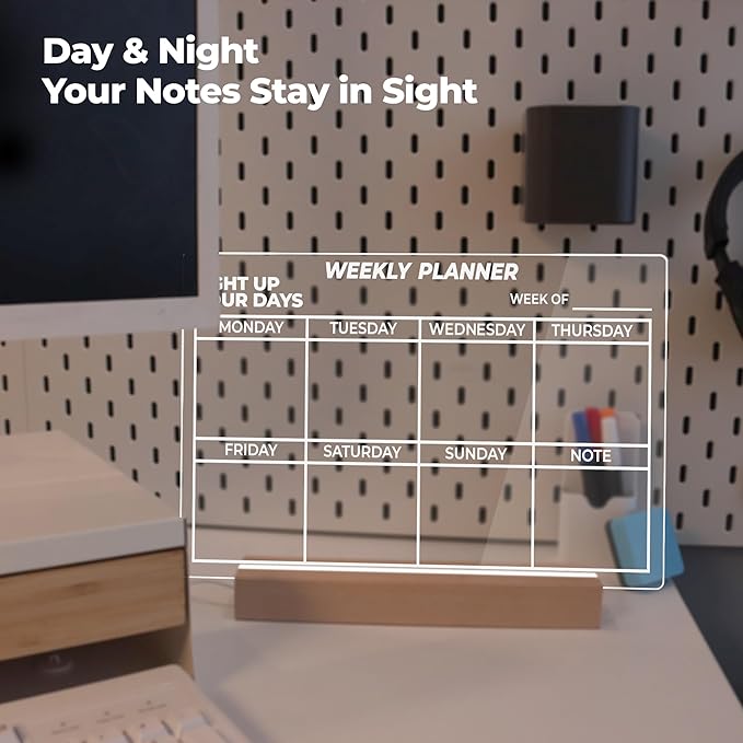Dry Erase Weekly Planner with Light, 13x9, USB-Powered Light Up Whiteboard, Includes 4 Markers & Eraser, Monthly Planner, Productivity Tracker, Home & Office Calendar