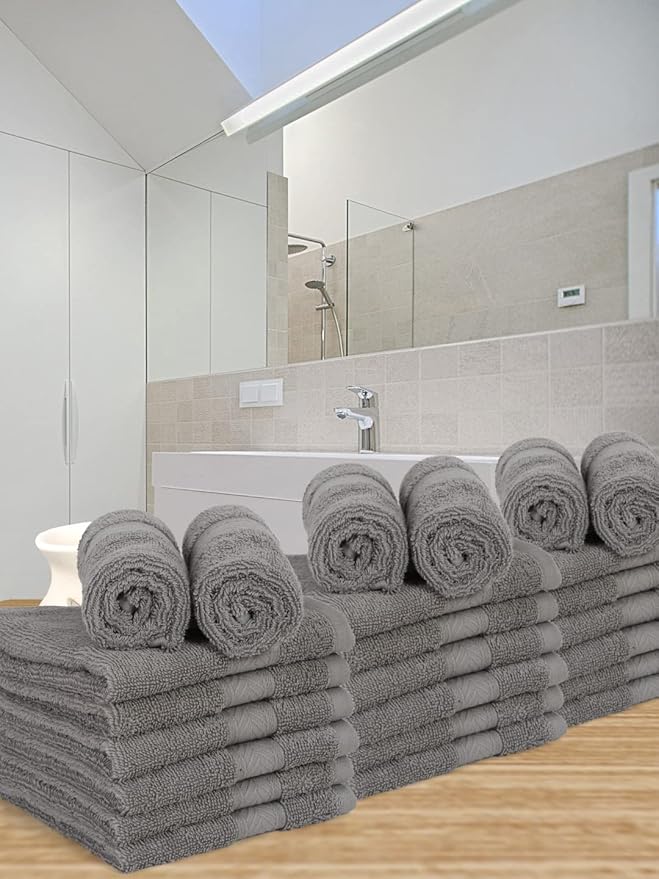 Casa Lino Face Towels & Body Wash Cloths for Showering - 100% Cotton Wash Cloths for Bathroom - Highly Absorbent & Quick Drying Washcloth Set - Cotton Washcloths 24 Pack (12" x 12") - (Silver Grey)