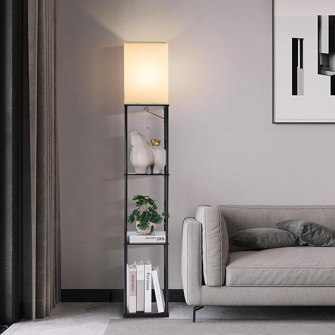 Floor Lamp with Shelves, Modern Square Standing Lamp with 3 Color Temperature Bulb, Corner Display Bookshelf Lamp for Living Room, Bedroom and Office (Black)