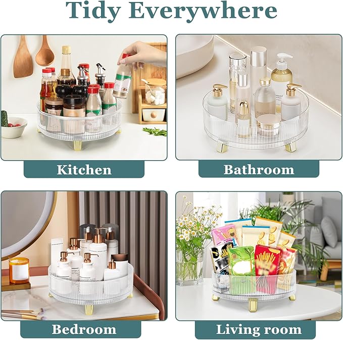 Acrylic Lazy Susan Organizer, 11" Turntable Organizer for Kitchen Cabinet Tabletop Bathroom, Smooth Rotating Acrylic for Dining Table Pantry Spice Rack, 1-Tier Plastic Clear